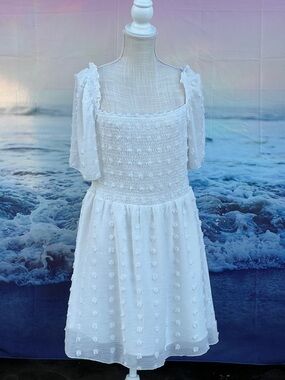 Boho Cottage swiss dot smocked mini dress with square neckline and puff sleeves